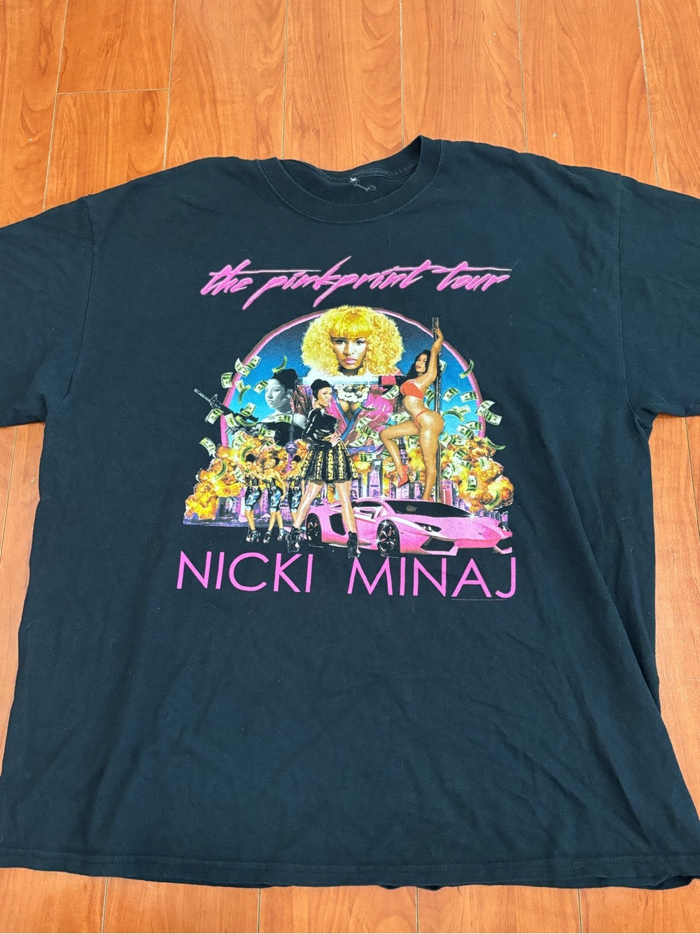 Nicki Minaj Black Graphic Tee with Pink and Yellow Accents - Size XL - Cut Tag
